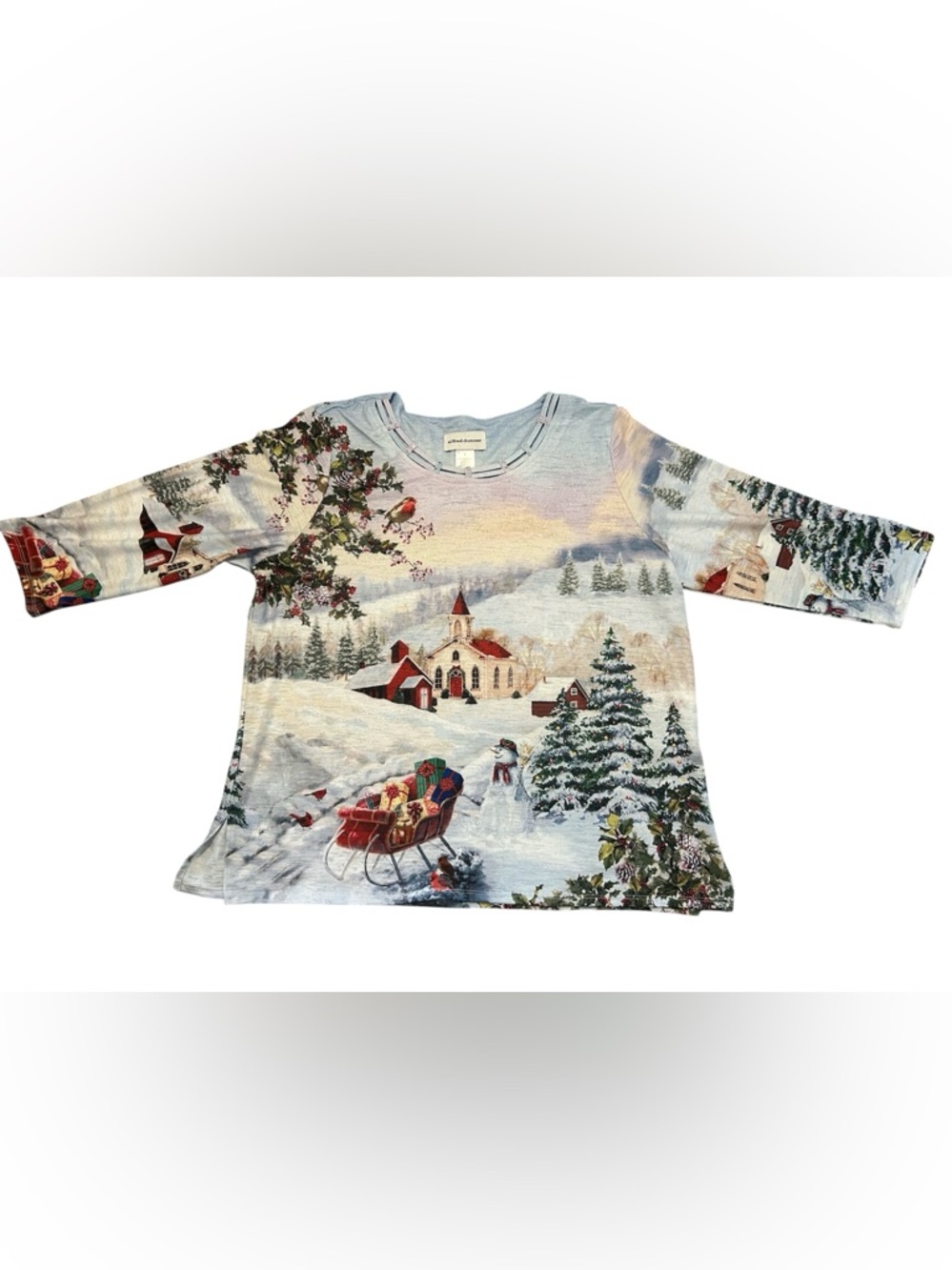 Alfred Dunner Winter Christmas Scene Top Women’s Holiday Snow Church 3/4 sleeve